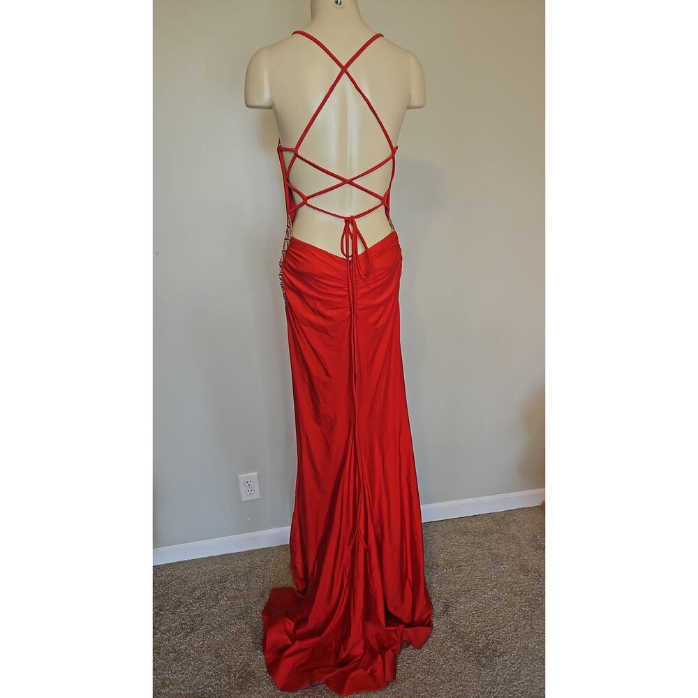 JOVANI - Spaghetti Strap Gown with Side Lace-Up Detail - Picture 3 of 5